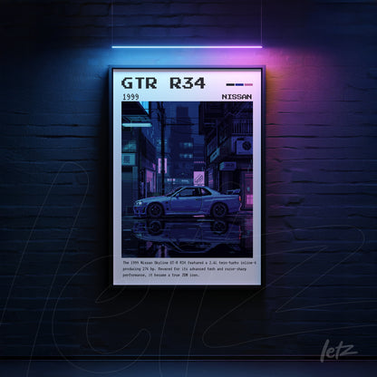 quadro com arte inspirada no Nissan GTR R34 de 1999, destacando uma cena noturna de cidade futurista com iluminação neon