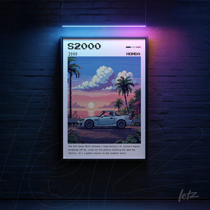 quadro com arte digital em estilo retrô do carro Honda S2000 em um cenário de pôr do sol tropical