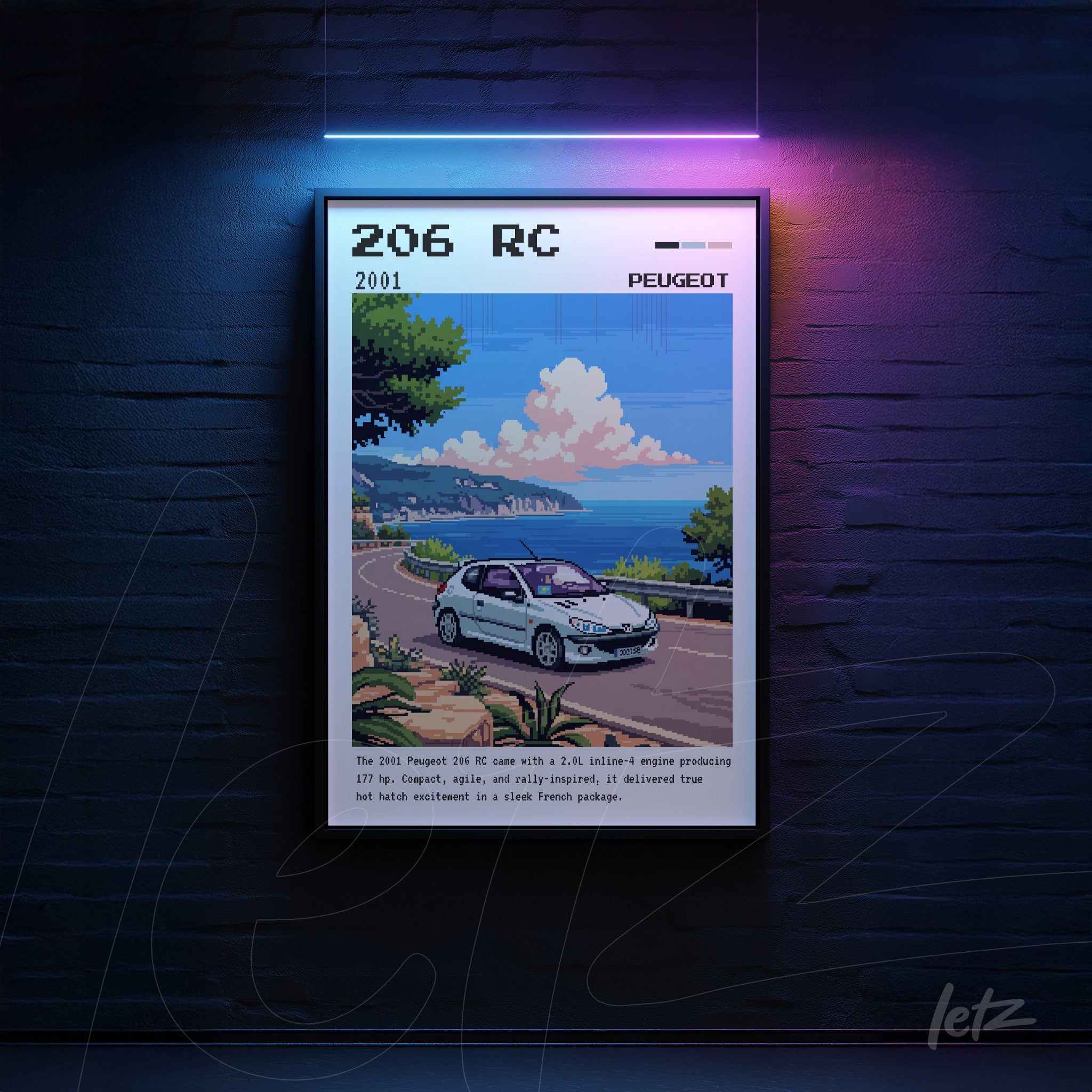 quadro com arte pixelada de um Peugeot 206 RC em uma estrada costeira, moldura preta, fundo azul escuro