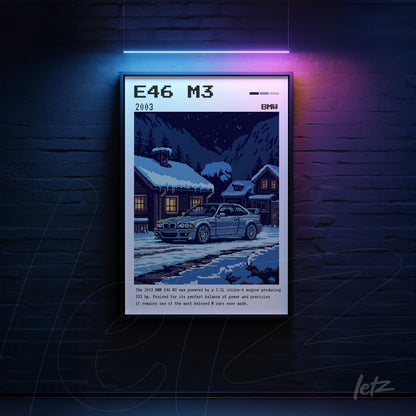 quadro com arte digital de um carro BMW M3 E46 em frente a casas de madeira sob neve com luzes de neon