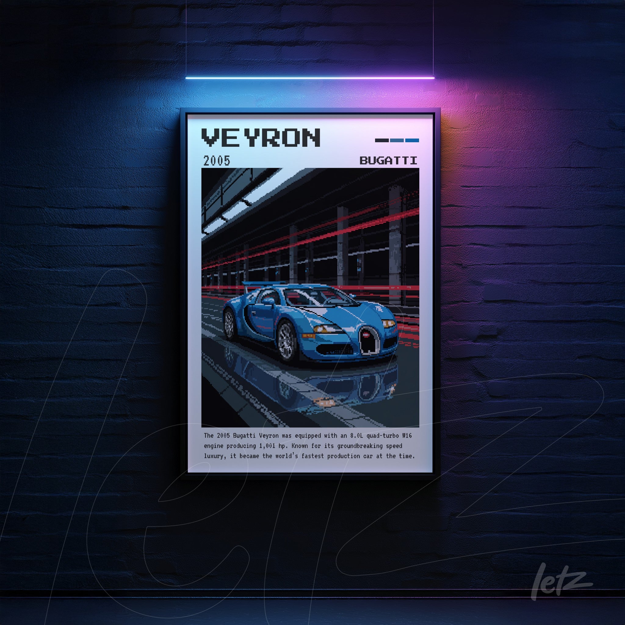 quadro com arte digital do carro Bugatti Veyron em moldura preta com fundo escuro