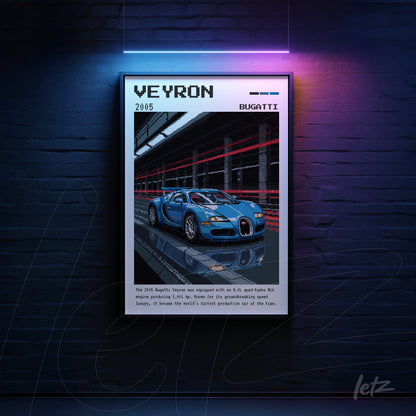 quadro com arte digital do carro Bugatti Veyron em moldura preta com fundo escuro