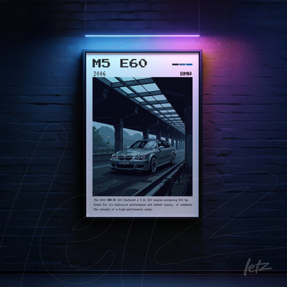 quadro com arte digital retrô do BMW M5 E60 de 2006 em moldura preta