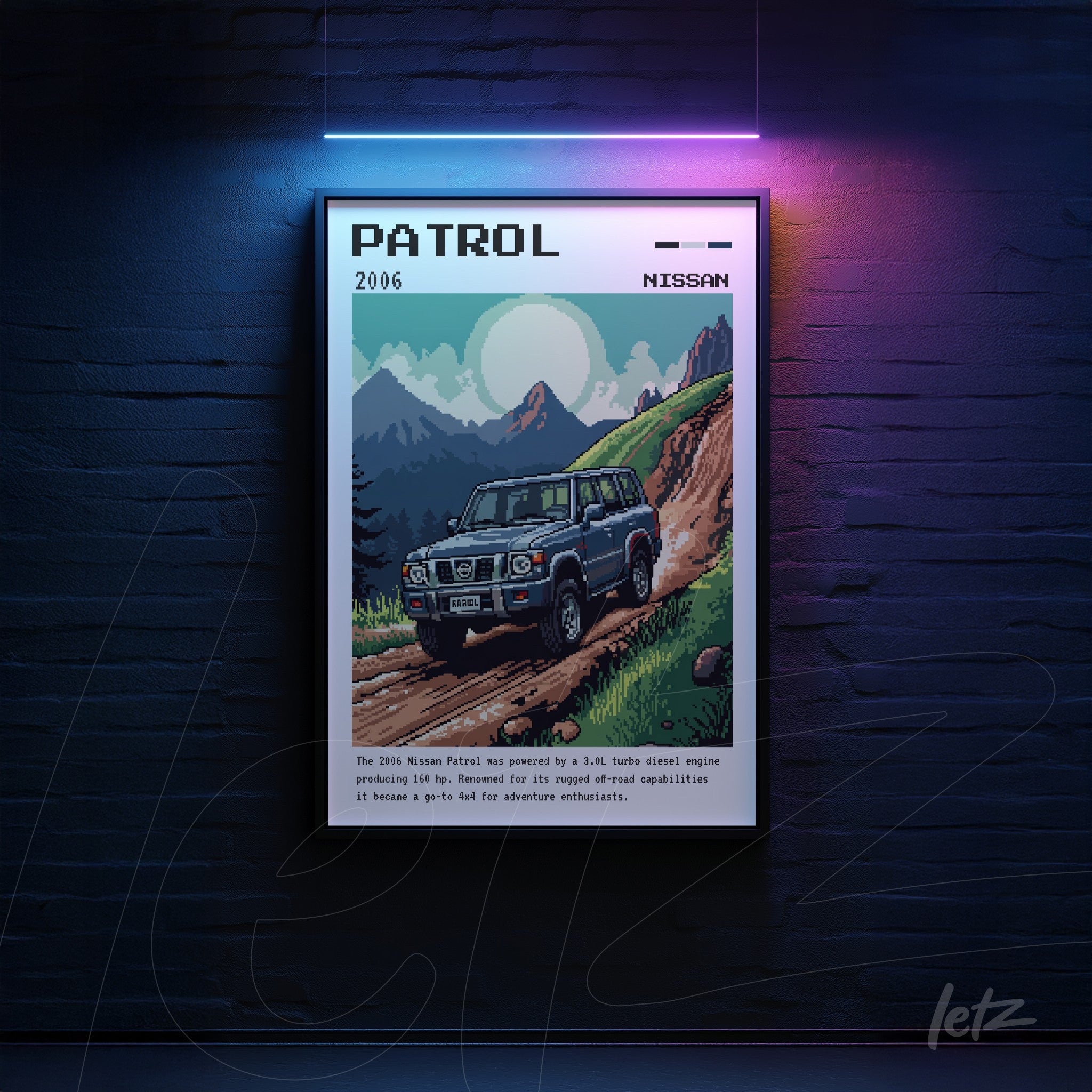 quadro emoldurado com arte retrô do carro Nissan Patrol 2006 em uma paisagem montanhosa