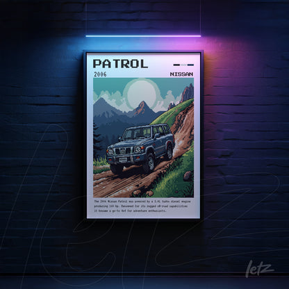 quadro emoldurado com arte retrô do carro Nissan Patrol 2006 em uma paisagem montanhosa