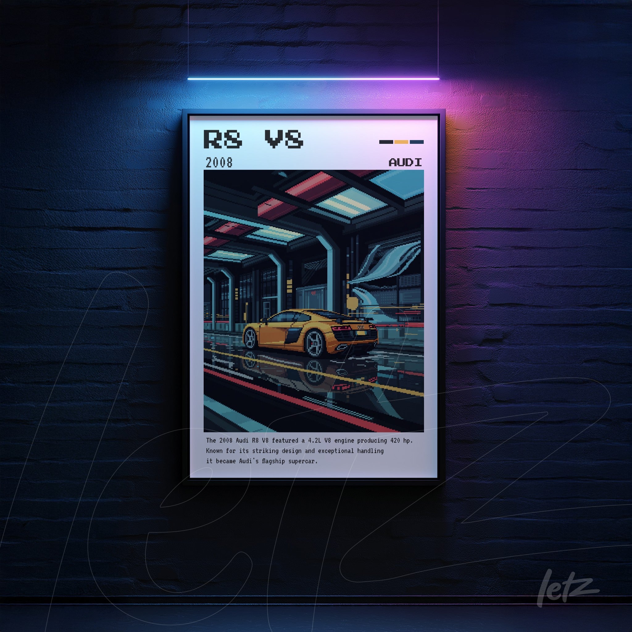 quadro com arte digital de um carro esportivo em ambiente futurista com moldura preta