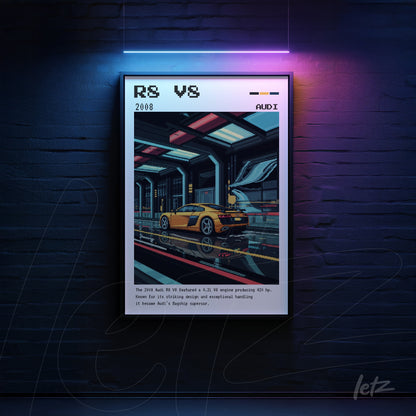 quadro com arte digital de um carro esportivo em ambiente futurista com moldura preta