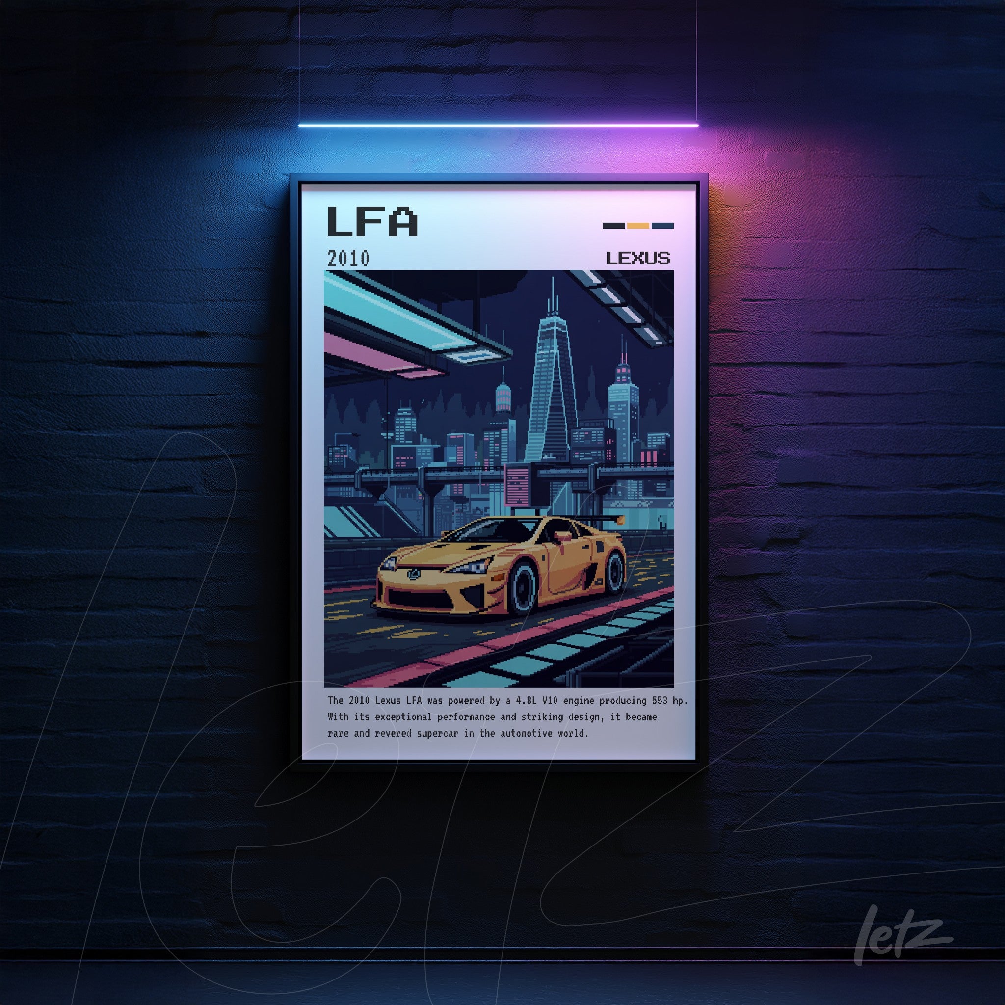 quadro com arte digital de um carro Lexus LFA em um cenário urbano noturno com neon