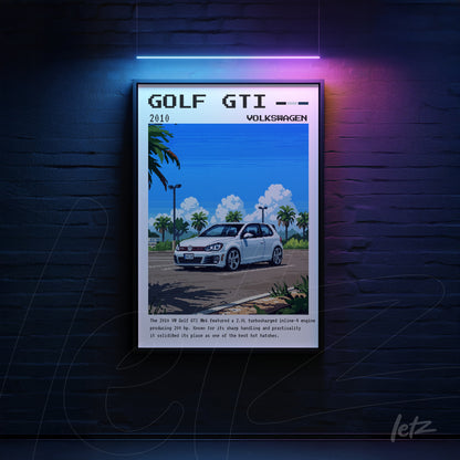 quadro em estilo pixel art do Volkswagen Golf GTI 2010 em moldura preta com fundo escuro