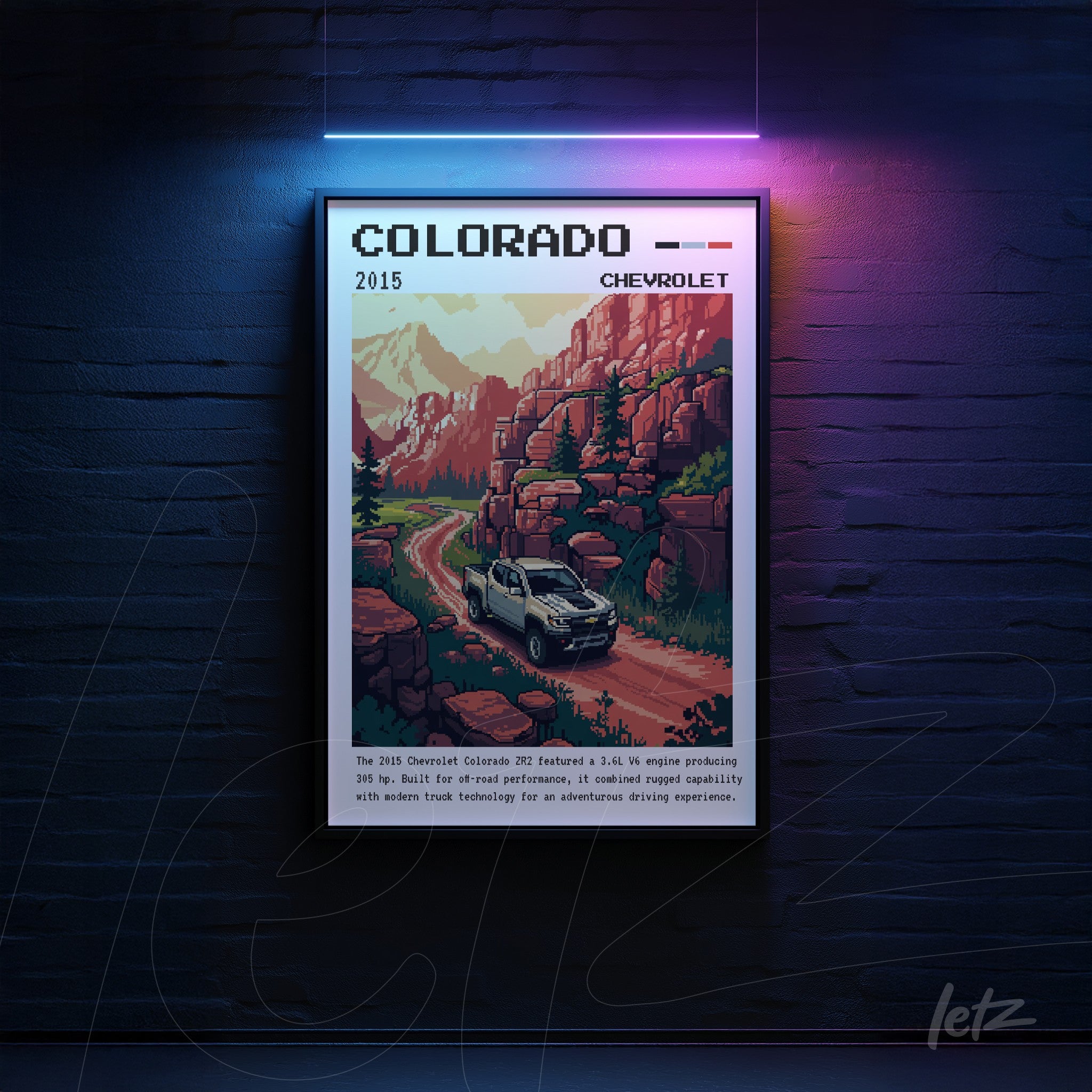 quadro com arte digital do modelo Chevrolet Colorado 2015 em frente a montanhas rochosas, com moldura preta e iluminação neon