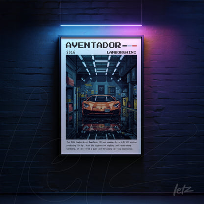 quadro com arte digital do Lamborghini Aventador em estilo retrô, exibido com moldura preta sobre parede de tijolos