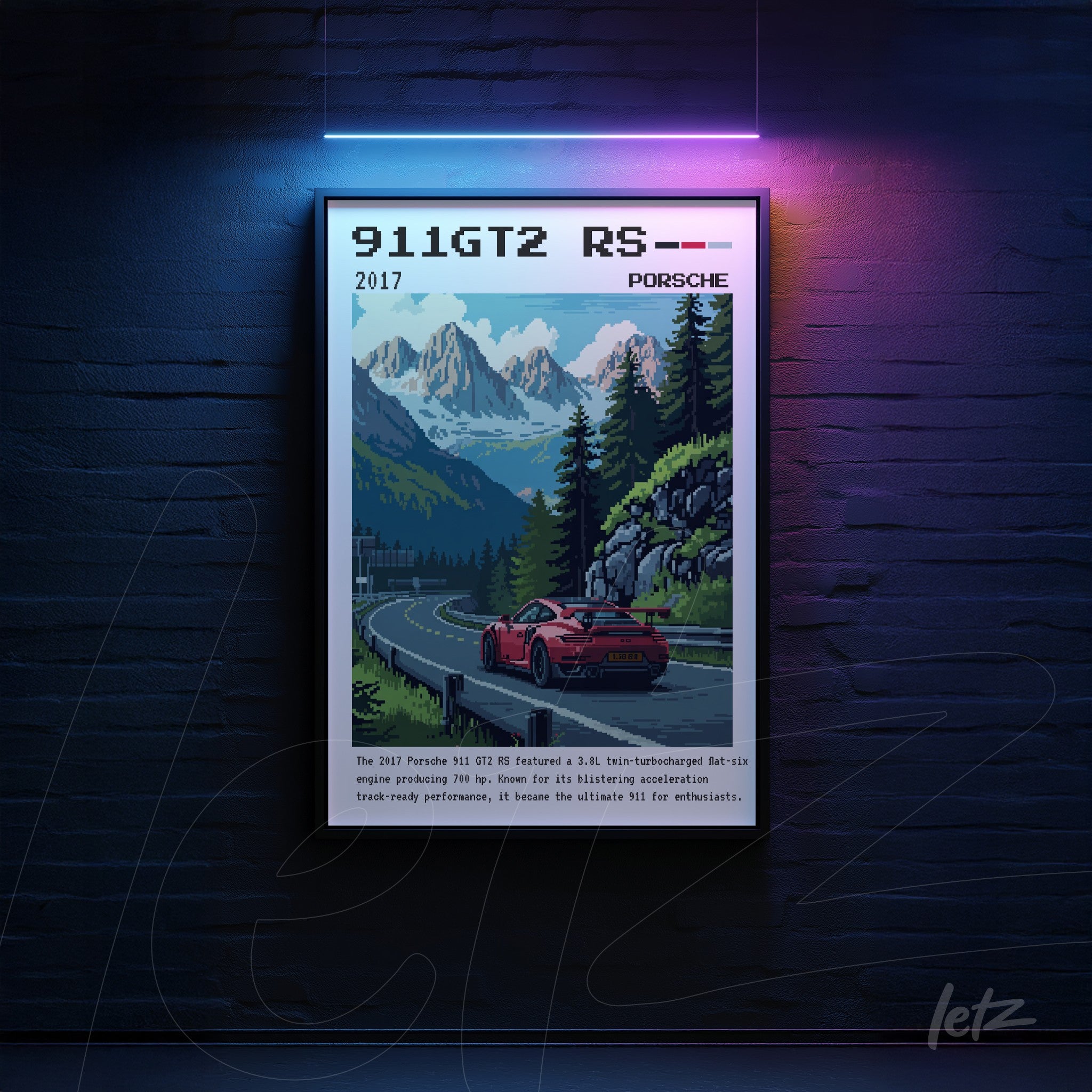 quadro com arte digital do Porsche 911 GT2 RS em estilo retrô com montanhas ao fundo