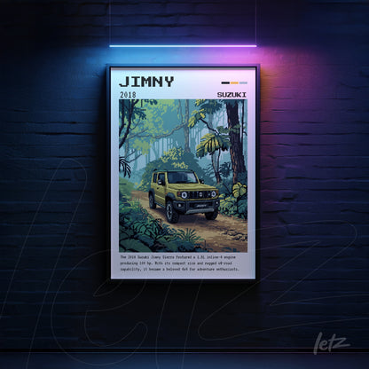 quadro com arte digital do Suzuki Jimny 2018 em estilo retrô, exibido em uma moldura preta sobre parede de tijolos escuros