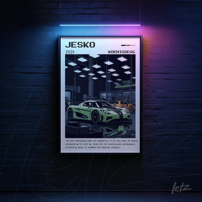 quadro de arte digital do Koenigsegg Jesko em estilo pixelado com moldura preta e fundo escuro