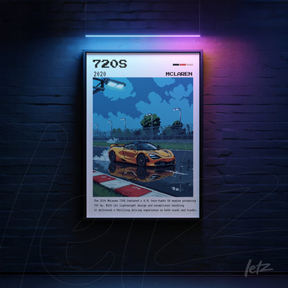 quadro com arte pixelada do carro McLaren 720S em moldura preta, com fundo escuro e iluminação neon