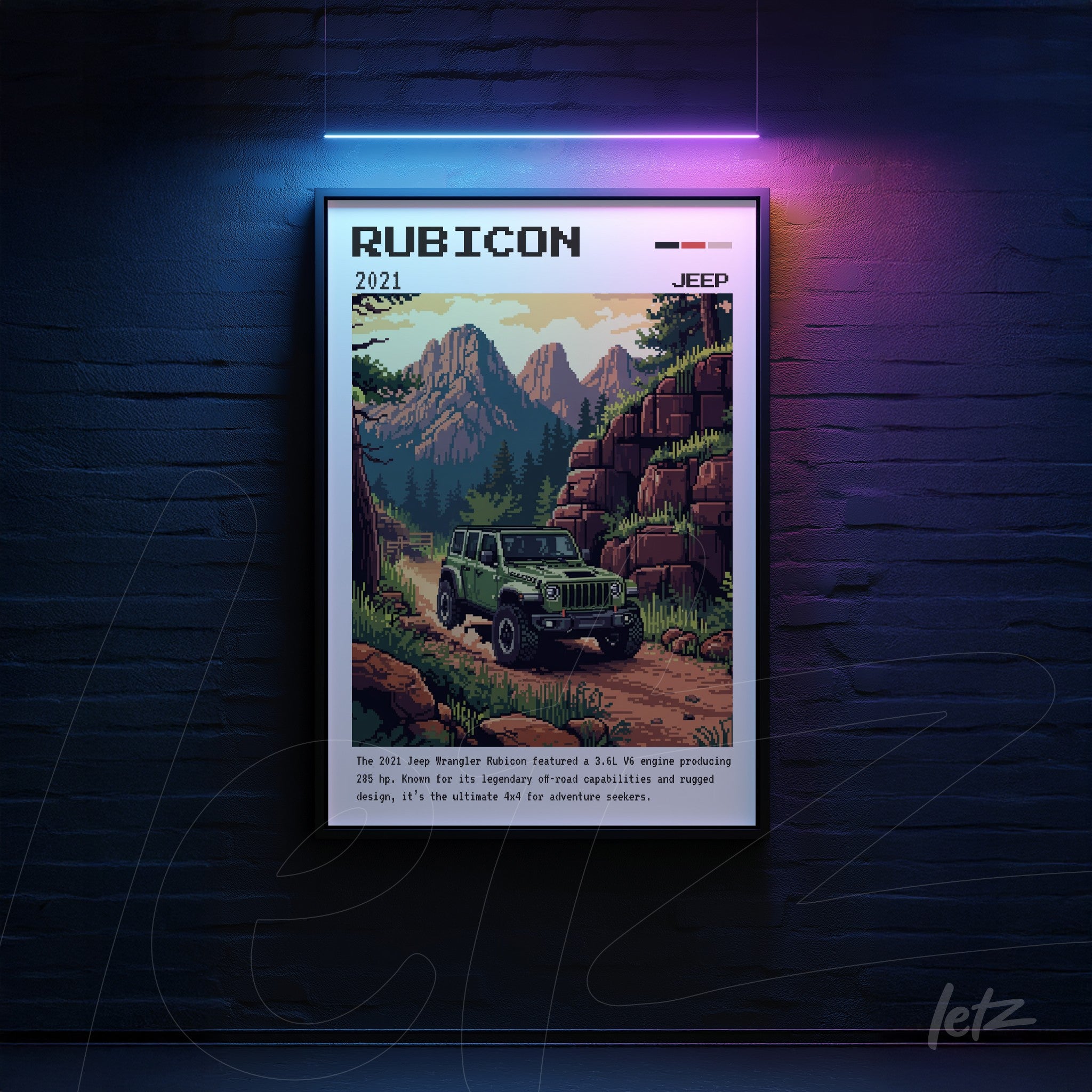 quadro emoldurado com ilustração retrô de um jeep rubicon em um cenário montanhoso, fundo escuro com iluminação colorida