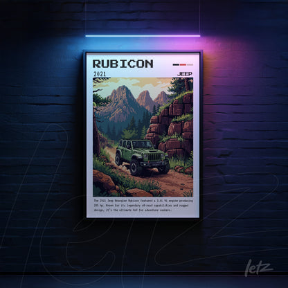 quadro emoldurado com ilustração retrô de um jeep rubicon em um cenário montanhoso, fundo escuro com iluminação colorida