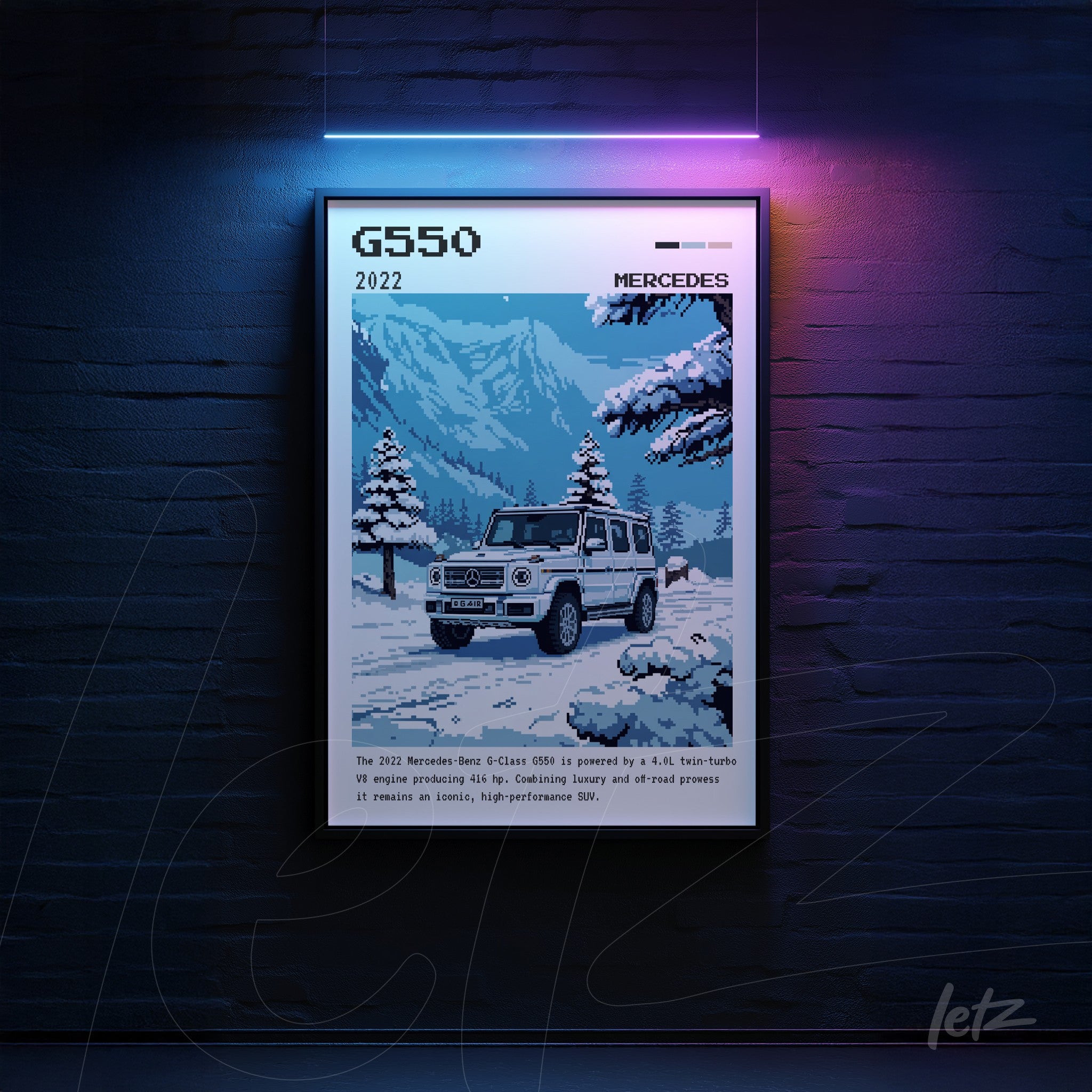 quadro com arte digital do modelo G550 da Mercedes-Benz em estilo pixel art com fundo montanhoso