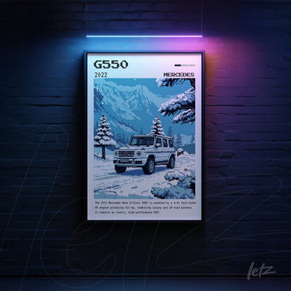 quadro com arte digital do modelo G550 da Mercedes-Benz em estilo pixel art com fundo montanhoso