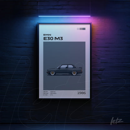quadro com ilustração do carro BMW E30 M3 em moldura preta sobre fundo escuro