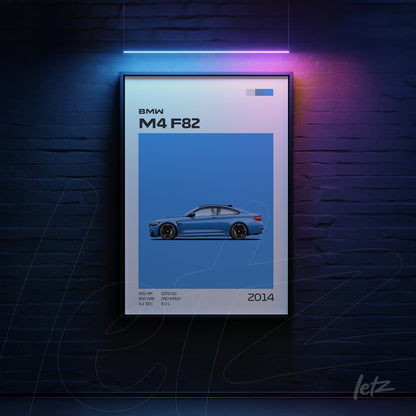 quadro com arte digital de um BMW M4 F82 em fundo azul claro e moldura preta
