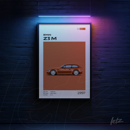 quadro com arte digital do carro BMW Z3 M em fundo laranja e moldura preta