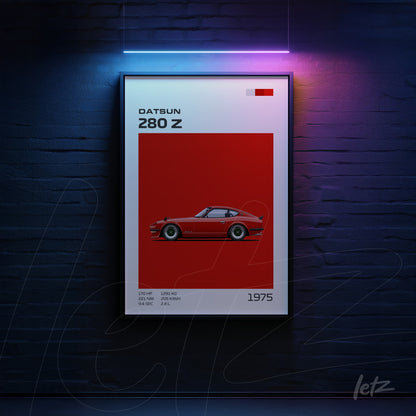 quadro decorativo com ilustração do carro Datsun 280 Z em fundo vermelho e moldura preta