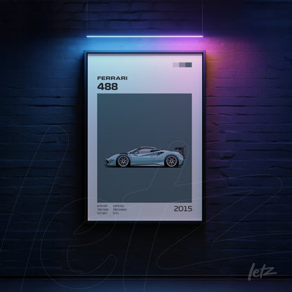 quadro elegante da Ferrari 488 em moldura preta, com fundo minimalista em tom azul escuro