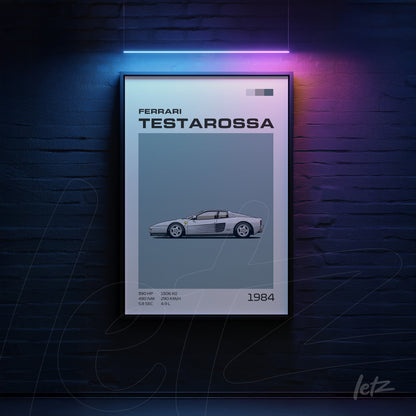 quadro com arte digital ilustrativa do carro Ferrari Testarossa em moldura preta
