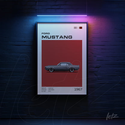 quadro com arte digital de um Ford Mustang 1967 em moldura preta com fundo vermelho