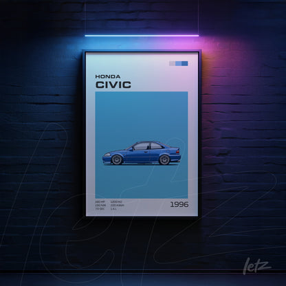 quadro com arte digital do Honda Civic 1996 em moldura preta, destacando detalhes como potência e dimensões