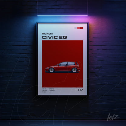quadro com arte gráfica do Honda Civic EG em fundo vermelho com moldura elegante