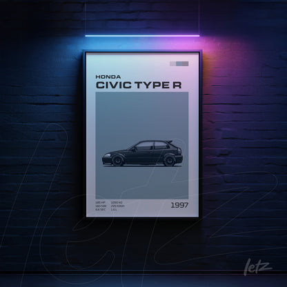quadro emoldurado com ilustração do carro Honda Civic Type R de 1997 em fundo escuro