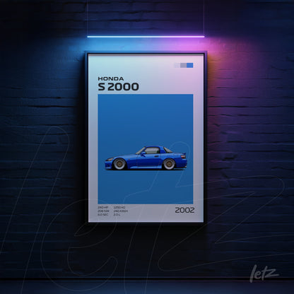 quadro emoldurado com ilustração gráfica do carro Honda S2000 em tom azul vibrante sobre fundo azul claro