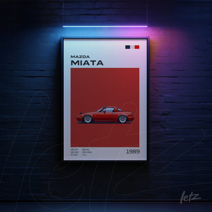 quadro em moldura preta apresentando arte de um Mazda Miata de 1989 com fundo vermelho vibrante e detalhes gráficos minimalistas