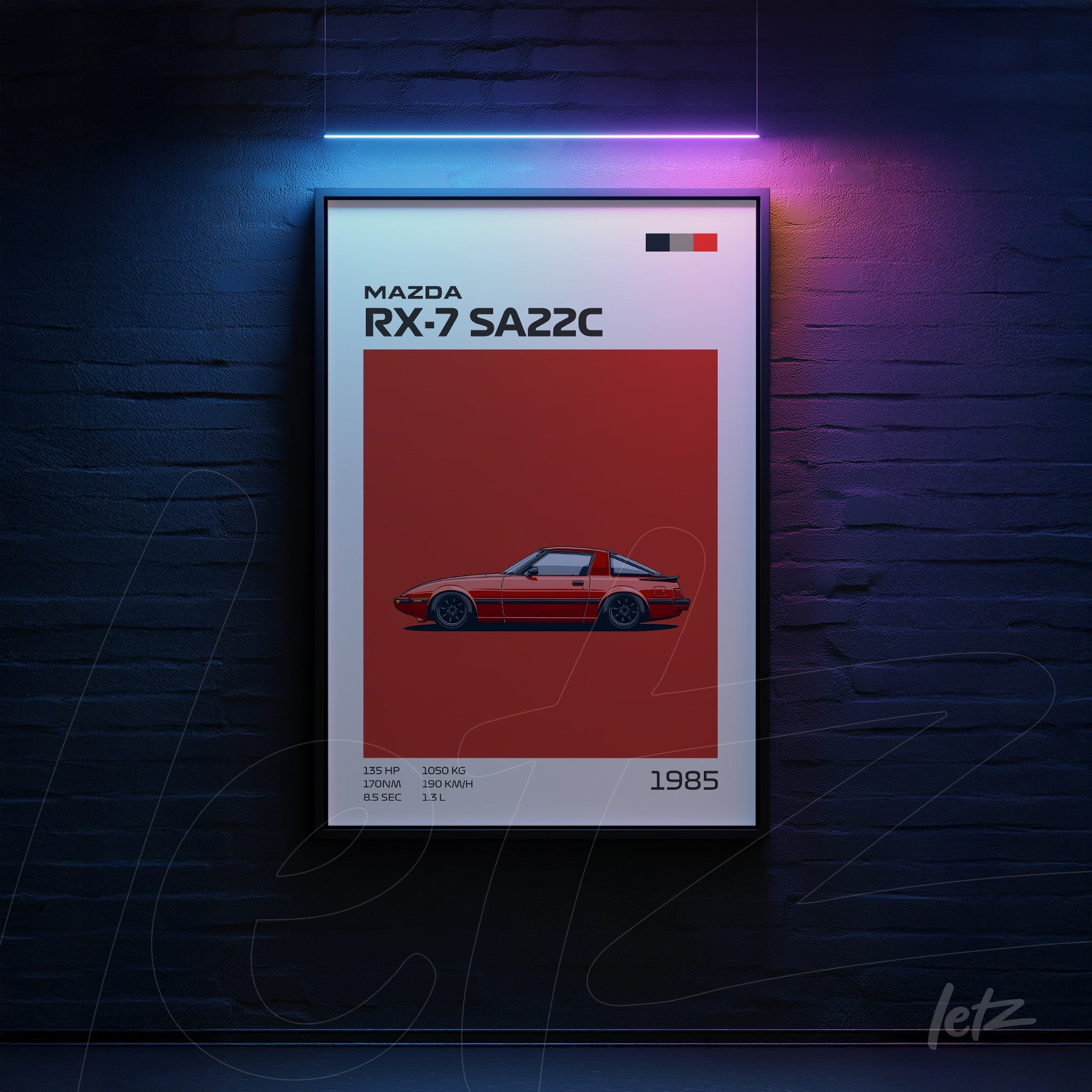 quadro em moldura preta com ilustração de carro esportivo Mazda RX-7 SA22C em fundo vermelho