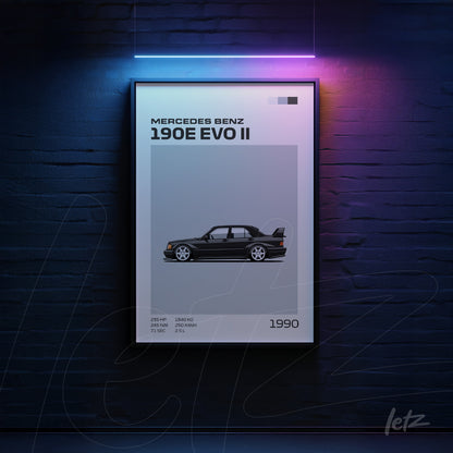 quadro com arte digital do carro Mercedes Benz 190E EVO II em moldura preta sobre fundo azul escuro