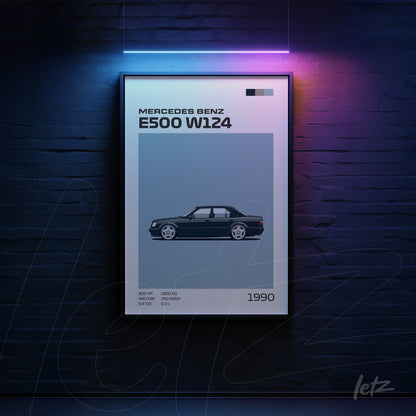 quadro com arte digital do carro Mercedes Benz E500 W124 em uma moldura preta sobre fundo azul escuro