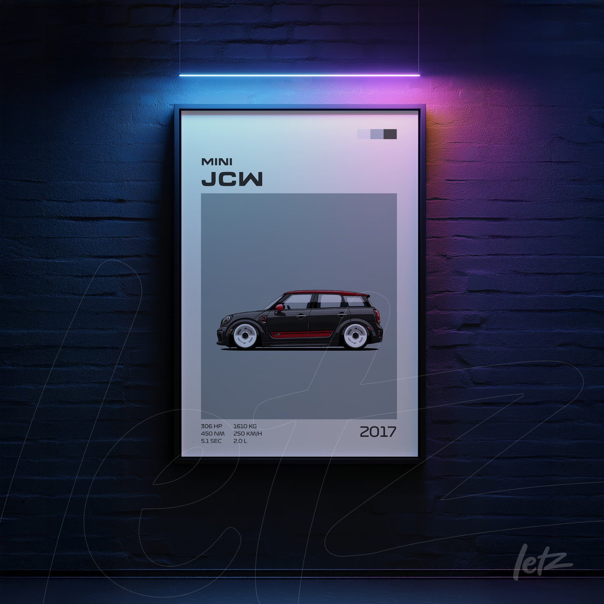 quadro com ilustração do carro Mini JCW em moldura preta sobre fundo de parede azul escuro