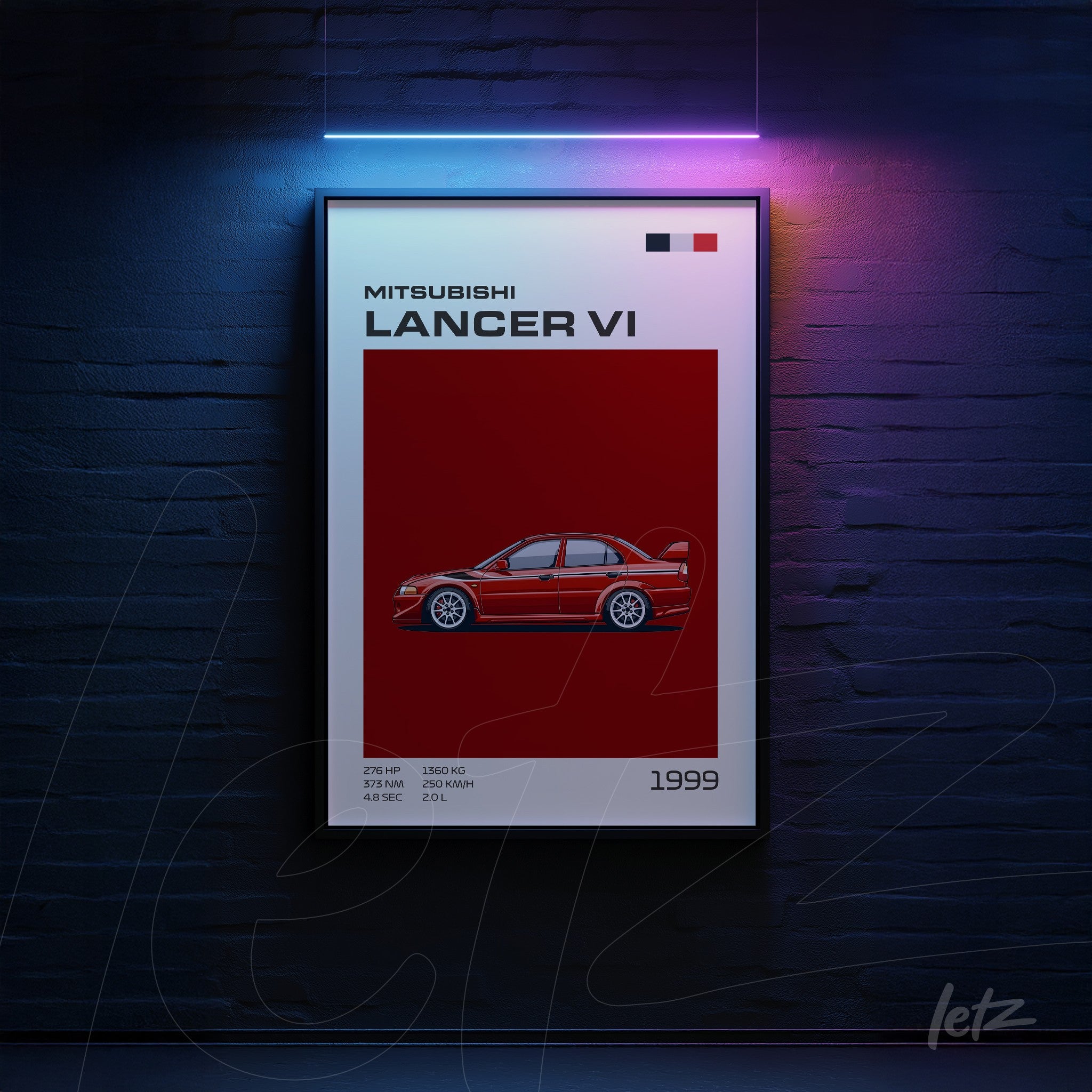 quadro com ilustração minimalista do Mitsubishi Lancer VI em fundo vermelho e moldura preta