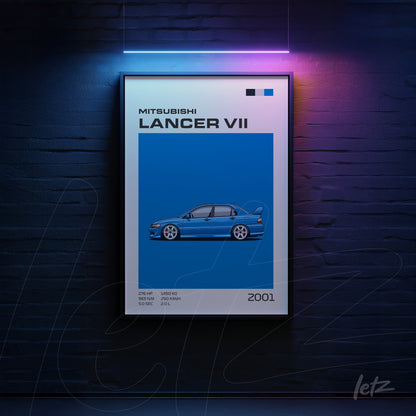 quadro decorativo com ilustração do carro Mitsubishi Lancer VII em moldura preta, fundo azul sólido e informações destacadas sobre o modelo