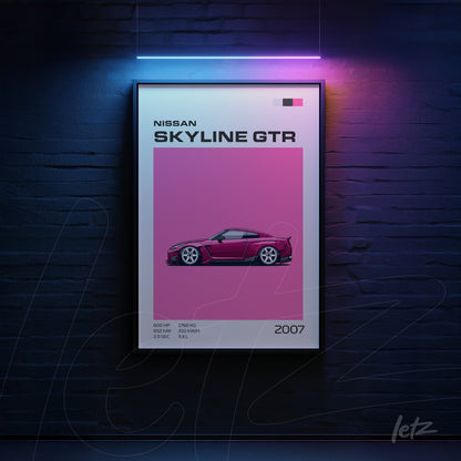 quadro com arte digital do carro Nissan Skyline GTR em fundo rosa com moldura preta
