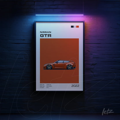 quadro com ilustração do carro Nissan GTR em estilo moderno sobre fundo laranja
