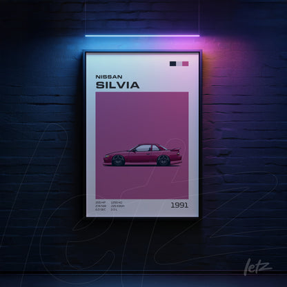 quadro com arte digital do carro Nissan Silvia em fundo rosa e moldura preta