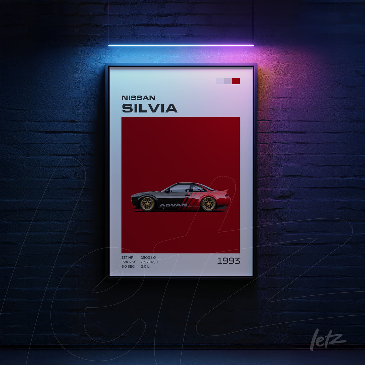 quadro com arte digital do carro Nissan Silvia em fundo vermelho e moldura preta