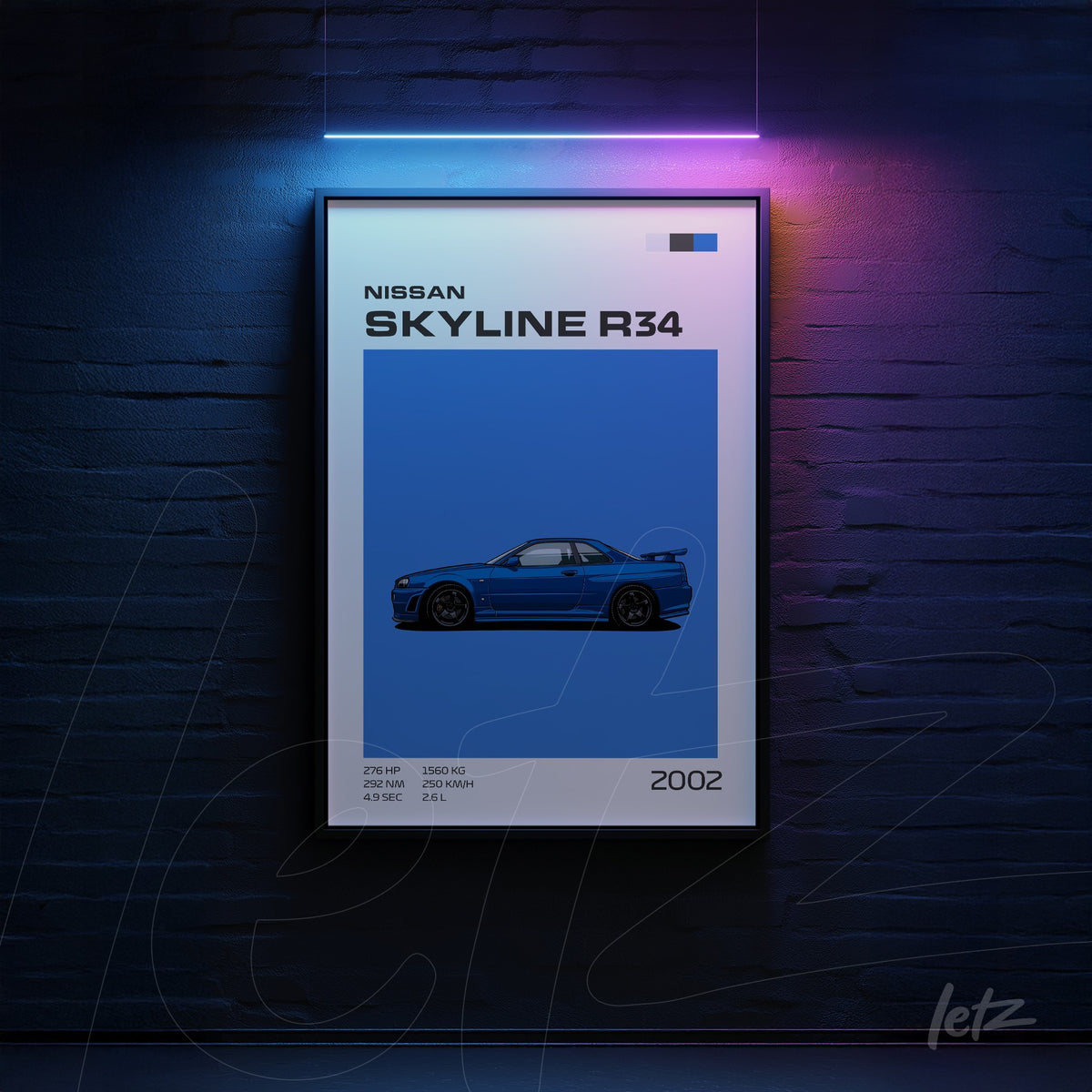 quadro com arte digital do carro Nissan Skyline R34 em fundo azul escuro e moldura preta