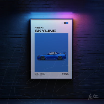 quadro com arte moderna do carro Nissan Skyline, fundo azul e texto informativo, moldura preta