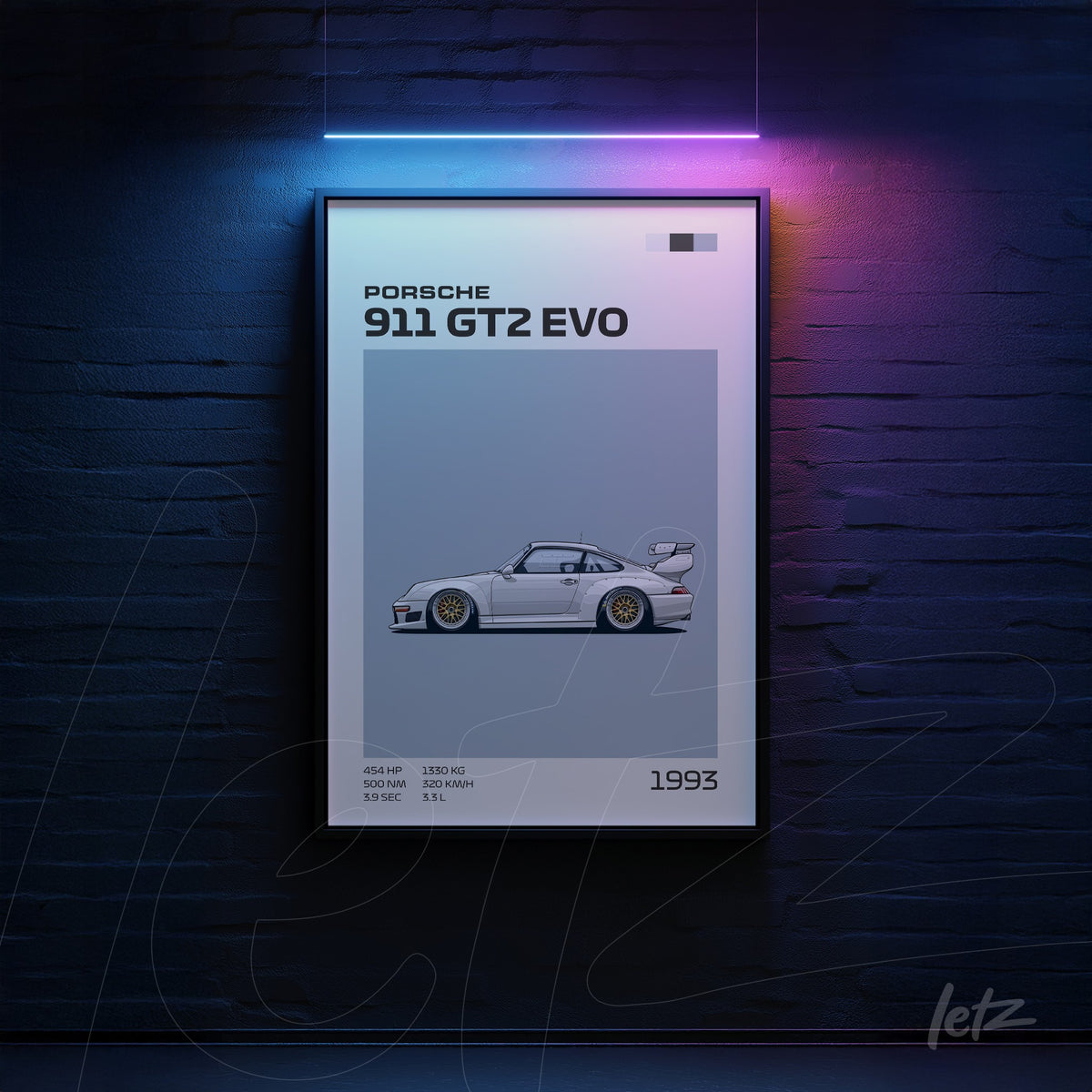 quadro em moldura preta com ilustração detalhada do carro Porsche 911 GT2 EVO em fundo cinza claro