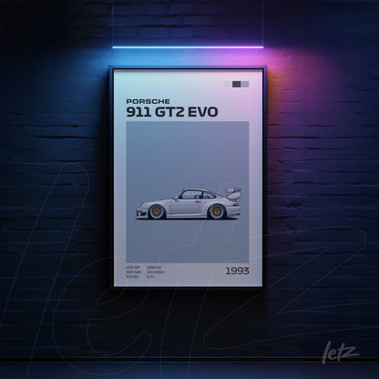 quadro em moldura preta com ilustração detalhada do carro Porsche 911 GT2 EVO em fundo cinza claro
