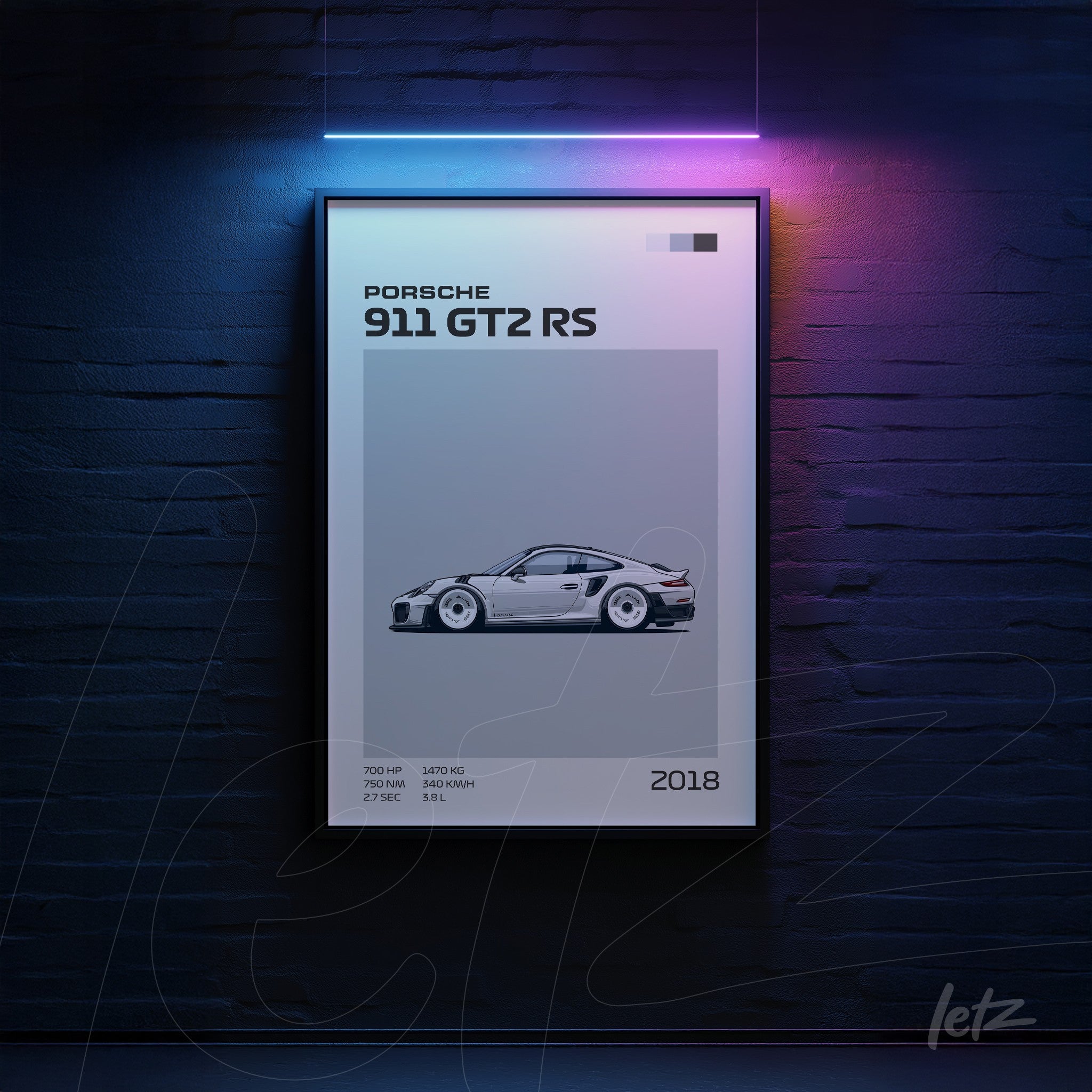 quadro minimalista com ilustração do Porsche 911 GT2 RS em moldura preta, fundo cinza e detalhes em neon
